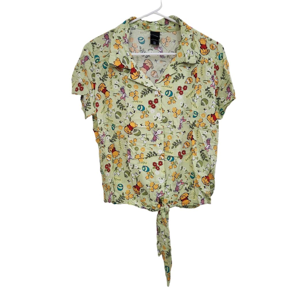 Disney Women Winnie The Pooh Bear Floral Tie Front Button Crop Shirt Large